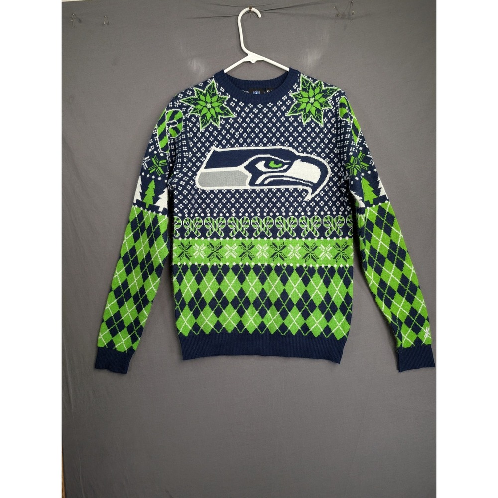 Seattle Seahawks NFL Ugly Christmas Sweater Navy Blue Green Small 8343